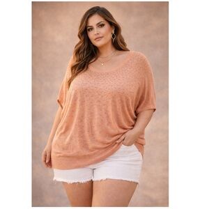 DEX Peach Metallic Studded Dolman Knit Top Plus Sz 3X Gold Sparkle Sweater Boho